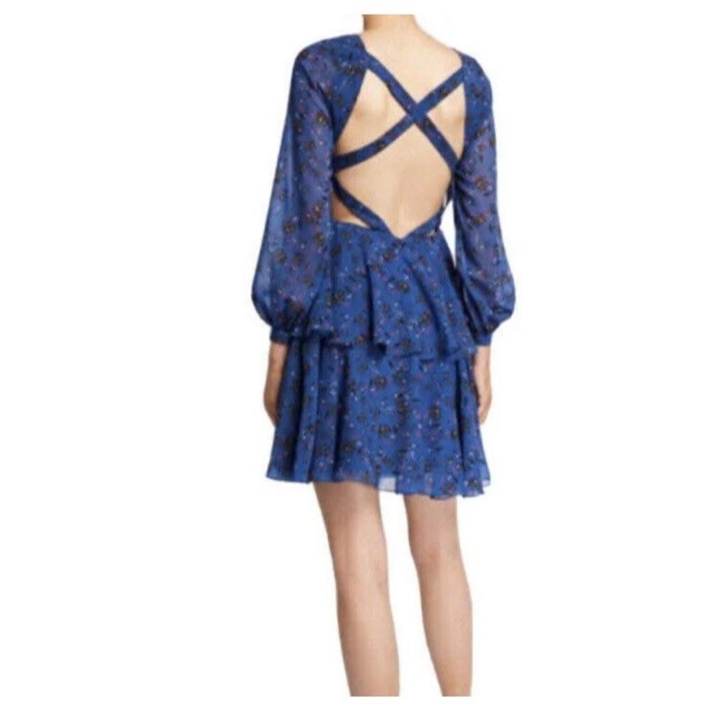 Love by Theia Blue Ruffle Tiered Open Strappy Back Cocktail Dress Women’s 4